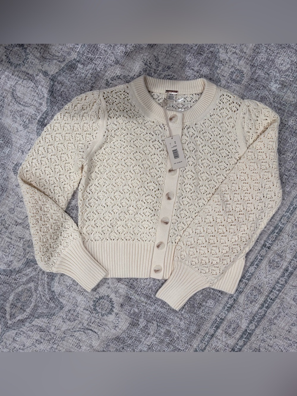 Magaschoni Creamy White Crochet Open-Knit Button-Front Cardigan, size Medium NWT